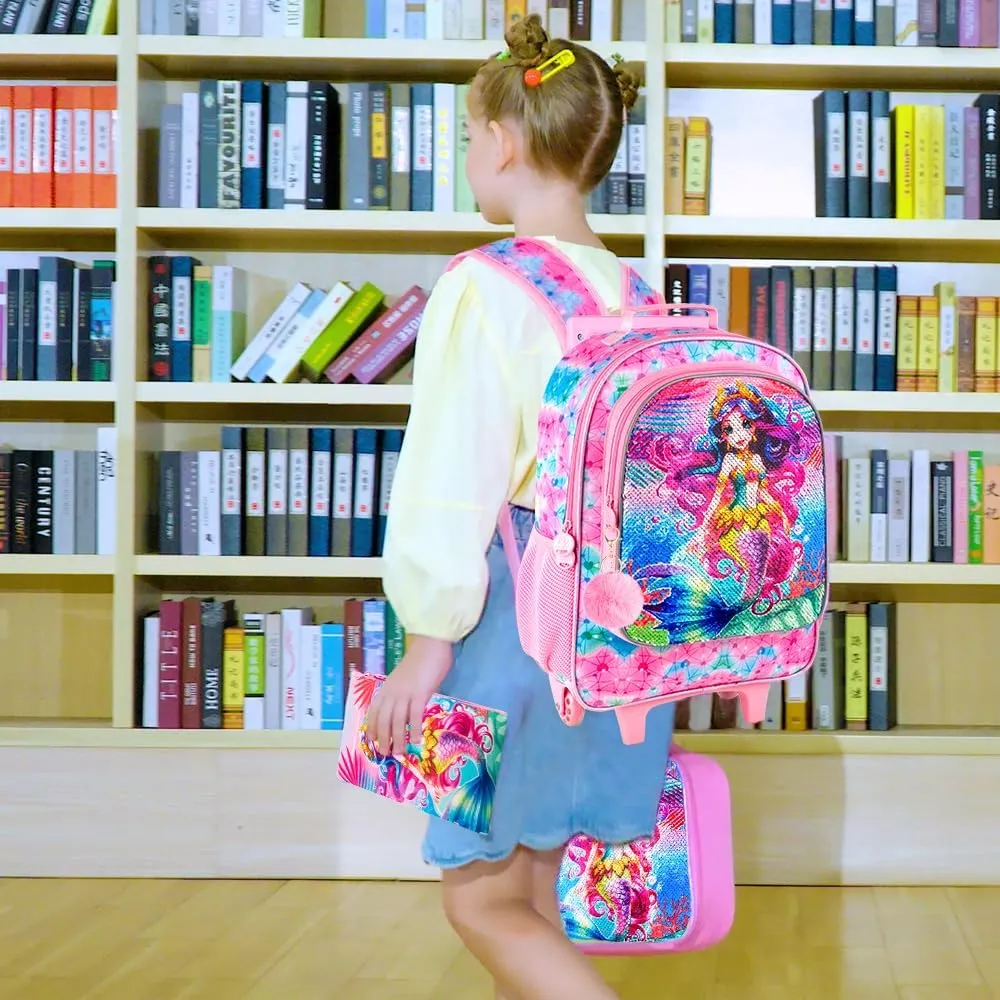 4PCS Rolling Backpack for Girls, Kids Mermaid Roller Backpacks with Wheels for Kids, Wheeled Bookbag Set for Toddler Elementary School