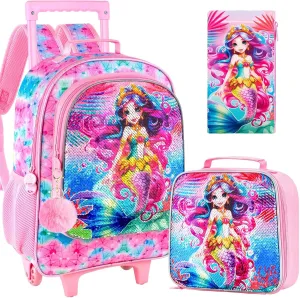 4PCS Rolling Backpack for Girls, Kids Mermaid Roller Backpacks with Wheels for Kids, Wheeled Bookbag Set for Toddler Elementary School