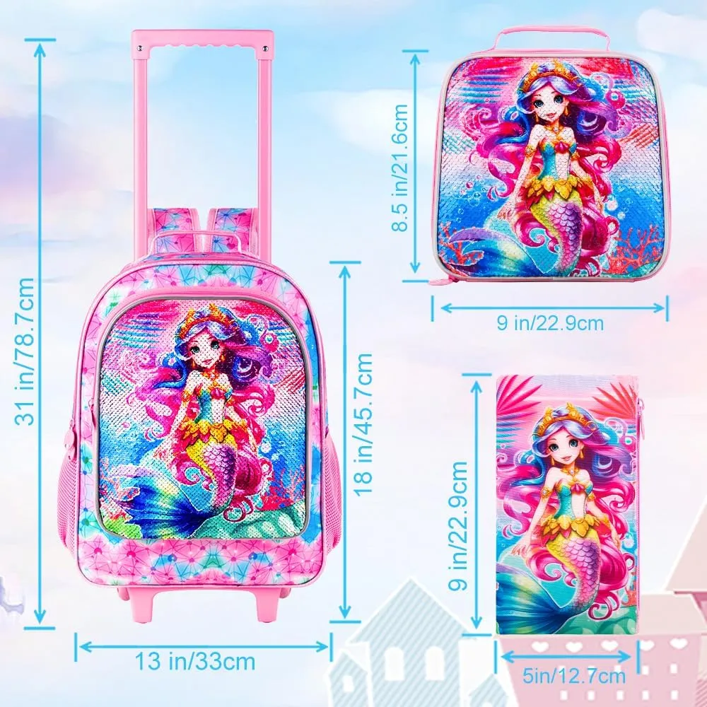 4PCS Rolling Backpack for Girls, Kids Mermaid Roller Backpacks with Wheels for Kids, Wheeled Bookbag Set for Toddler Elementary School