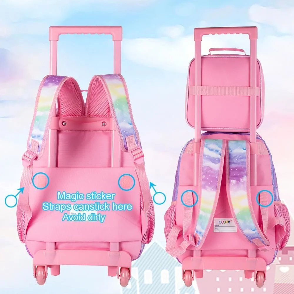 4PCS Rolling Backpack for Girls, Kids Unicorn Roller Backpacks with Wheels for Kids, Wheeled Bookbag Set for Toddler Elementary School