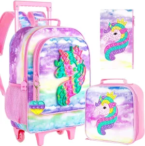 4PCS Rolling Backpack for Girls, Kids Unicorn Roller Backpacks with Wheels for Kids, Wheeled Bookbag Set for Toddler Elementary School