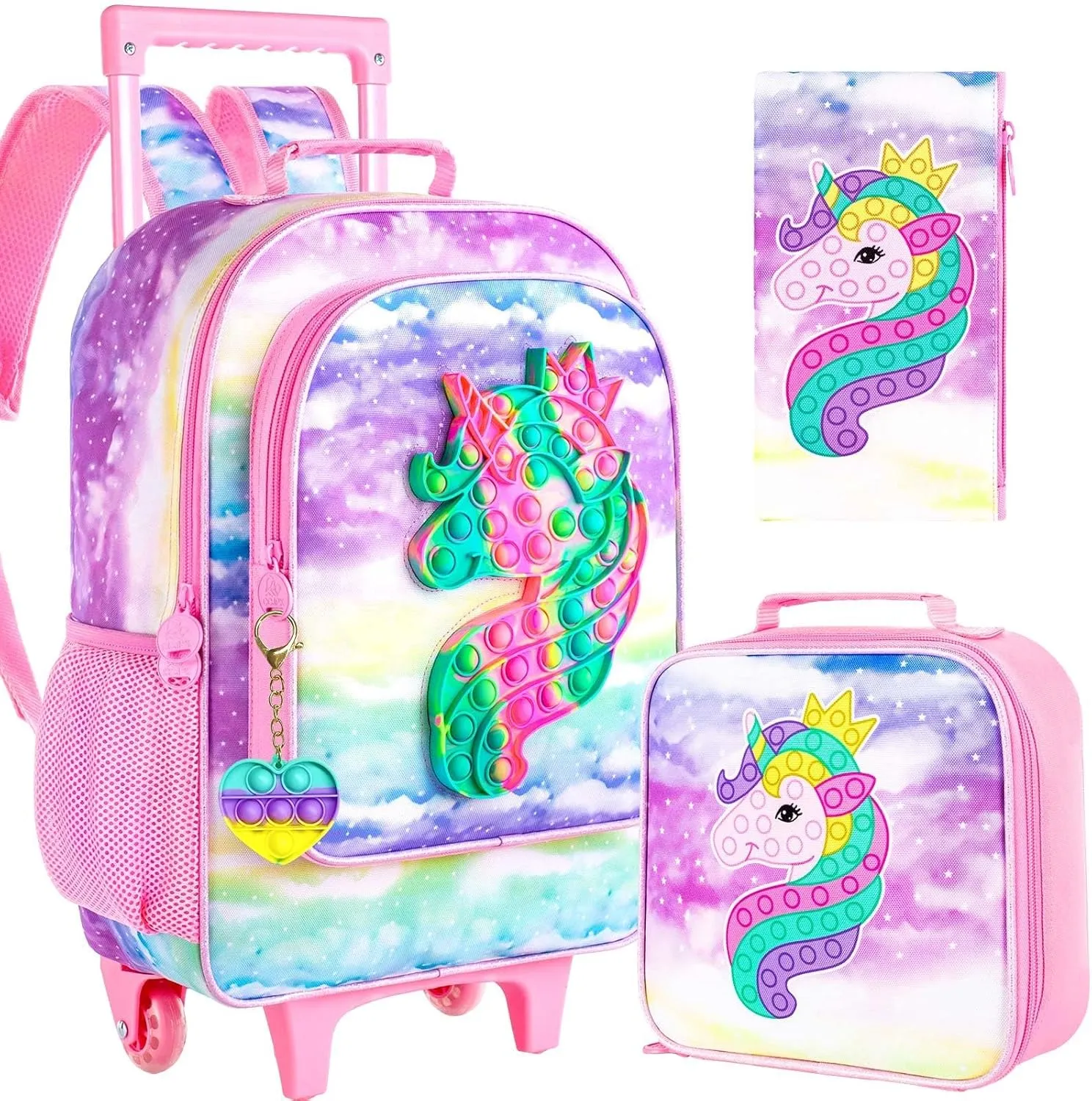 4PCS Rolling Backpack for Girls, Kids Unicorn Roller Backpacks with Wheels for Kids, Wheeled Bookbag Set for Toddler Elementary School