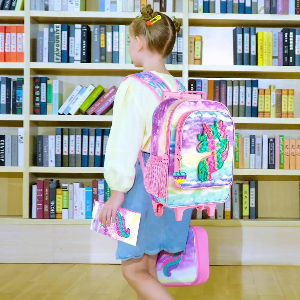 4PCS Rolling Backpack for Girls, Kids Unicorn Roller Backpacks with Wheels for Kids, Wheeled Bookbag Set for Toddler Elementary School