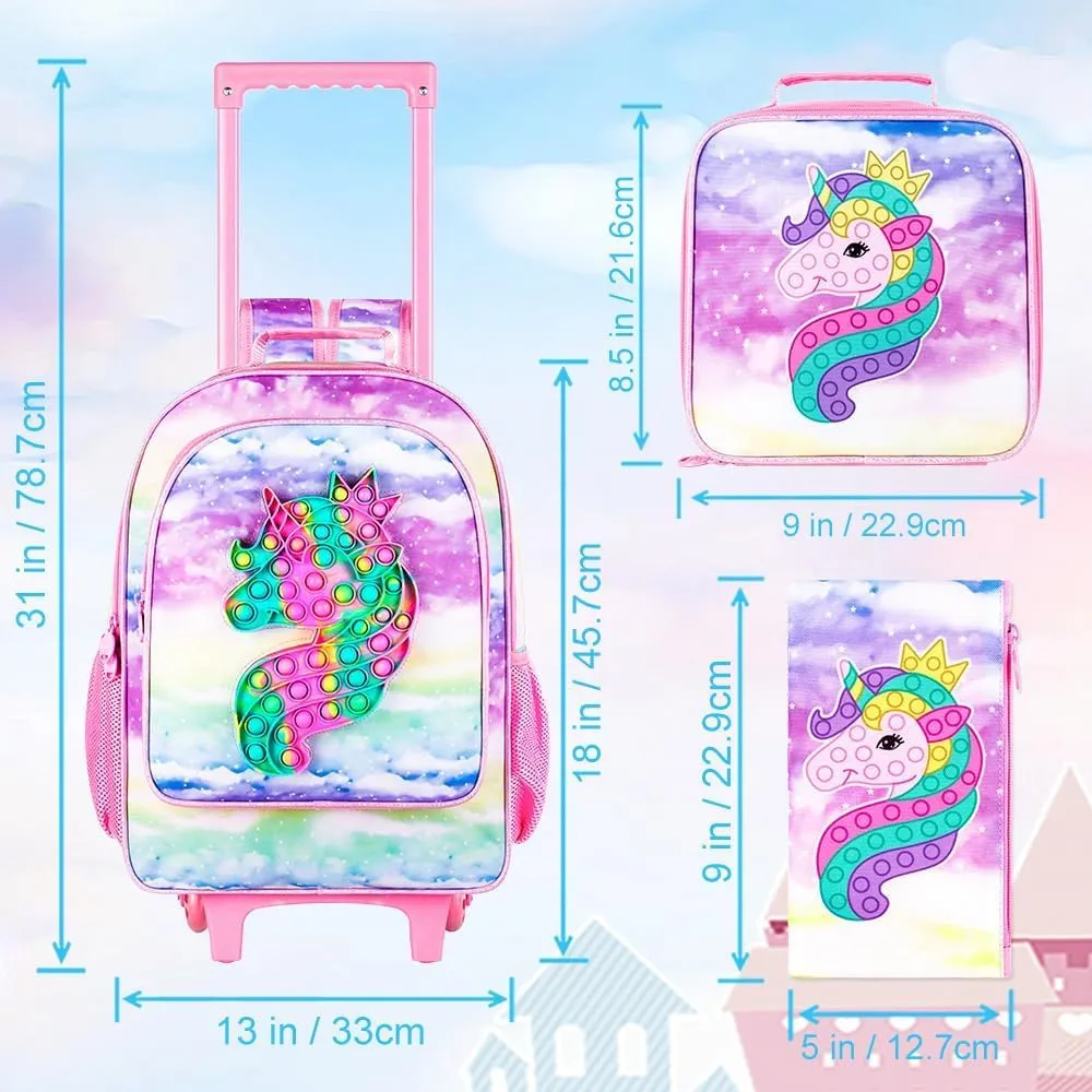 4PCS Rolling Backpack for Girls, Kids Unicorn Roller Backpacks with Wheels for Kids, Wheeled Bookbag Set for Toddler Elementary School