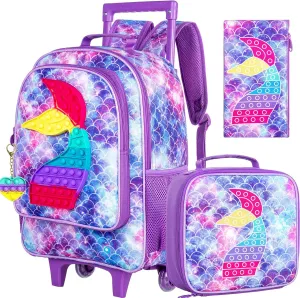 4PCS Rolling Backpack for Girls,Kids Mermaid Backpacks with Roller Wheels, Wheeled Bookbag with Lunch Box for Toddler Elementary School