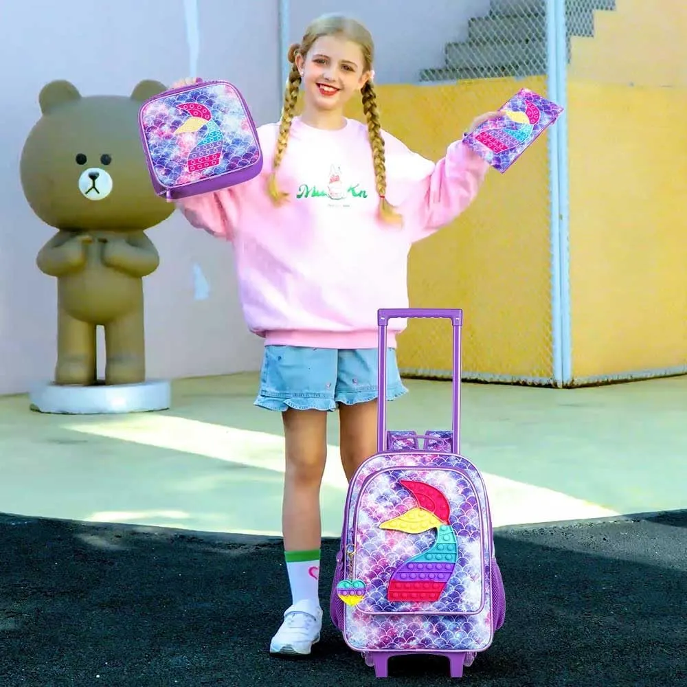 4PCS Rolling Backpack for Girls,Kids Mermaid Backpacks with Roller Wheels, Wheeled Bookbag with Lunch Box for Toddler Elementary School