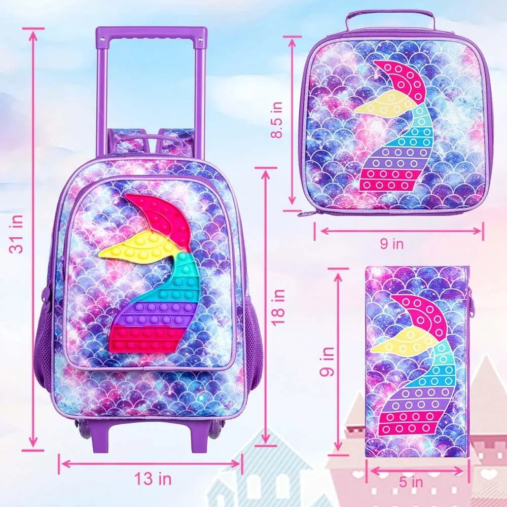 4PCS Rolling Backpack for Girls,Kids Mermaid Backpacks with Roller Wheels, Wheeled Bookbag with Lunch Box for Toddler Elementary School