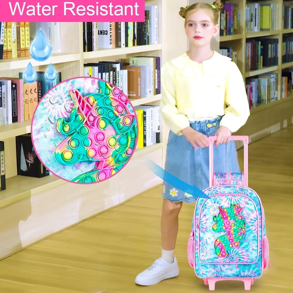 4PCS Rolling Backpack for Girls,Kids Unicorn Backpacks with Roller Wheels, Wheeled Bookbag with Lunch Box for Toddler Elementary School