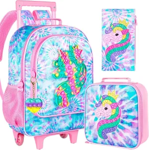 4PCS Rolling Backpack for Girls,Kids Unicorn Backpacks with Roller Wheels, Wheeled Bookbag with Lunch Box for Toddler Elementary School