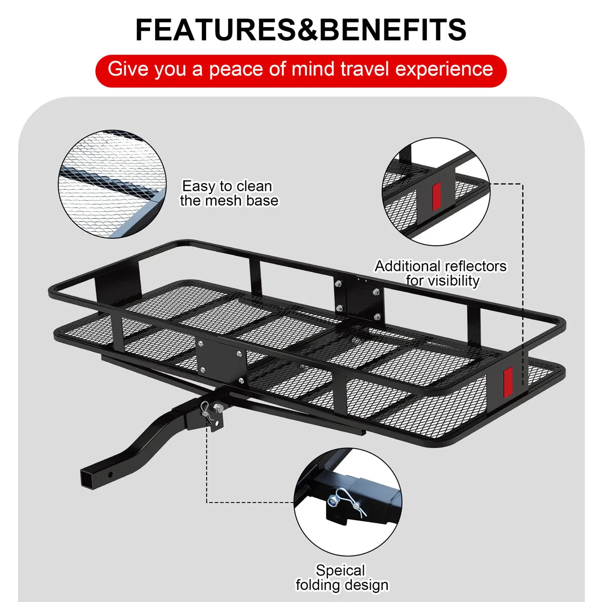 500 LB Foldable Hitch Cargo Carrier, Heavy-Duty Steel Luggage Basket, 60'' x 20'', Fits 2'' Recevier