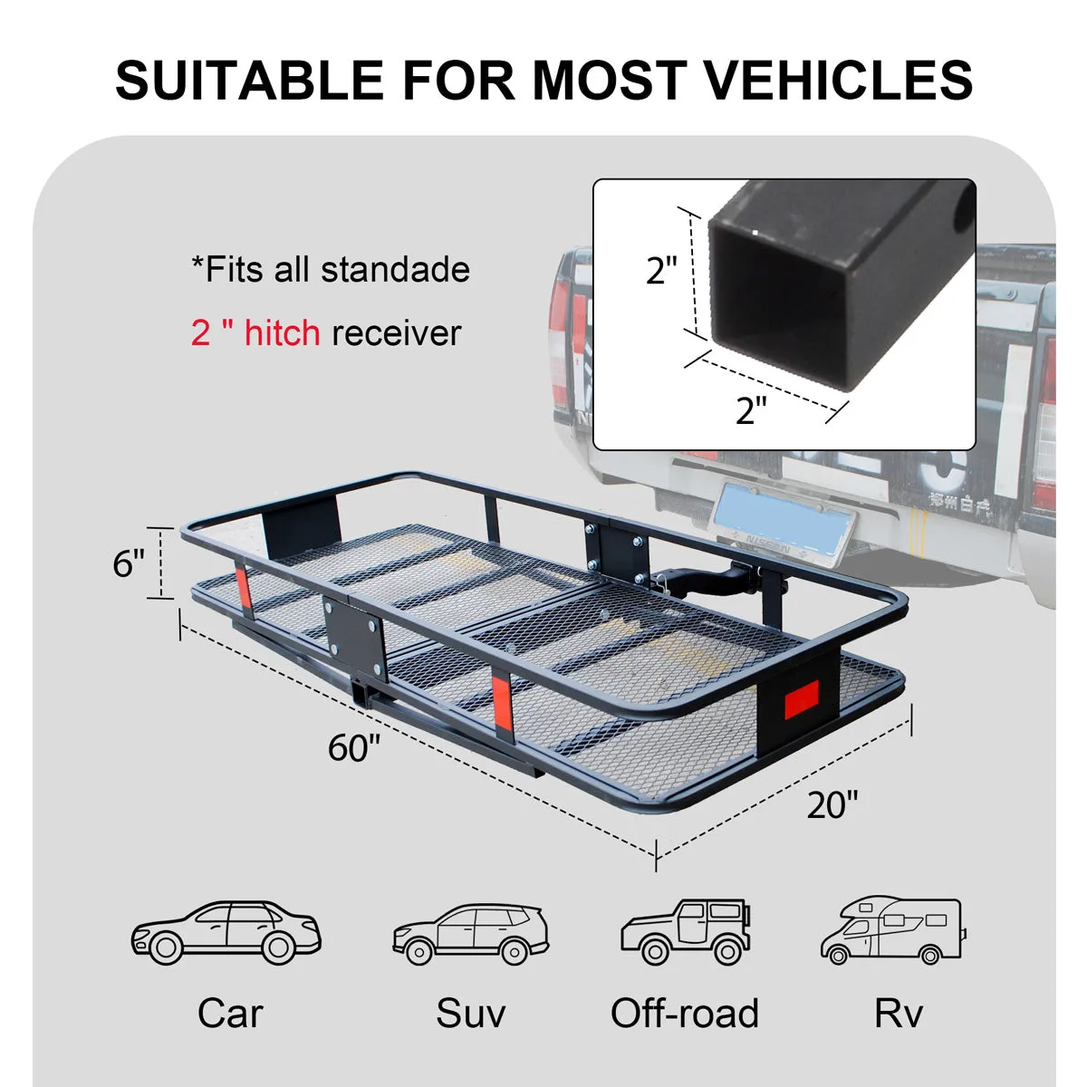 500 LB Foldable Hitch Cargo Carrier, Heavy-Duty Steel Luggage Basket, 60'' x 20'', Fits 2'' Recevier