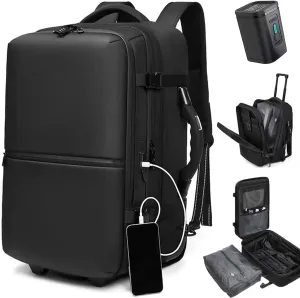 60L Airback Vacuum Compression Backpack with Wheels Expandable Men Waterproof Carry On Travel Backpacks 17 inch Laptop Backpack Flight Approved(With Pump)