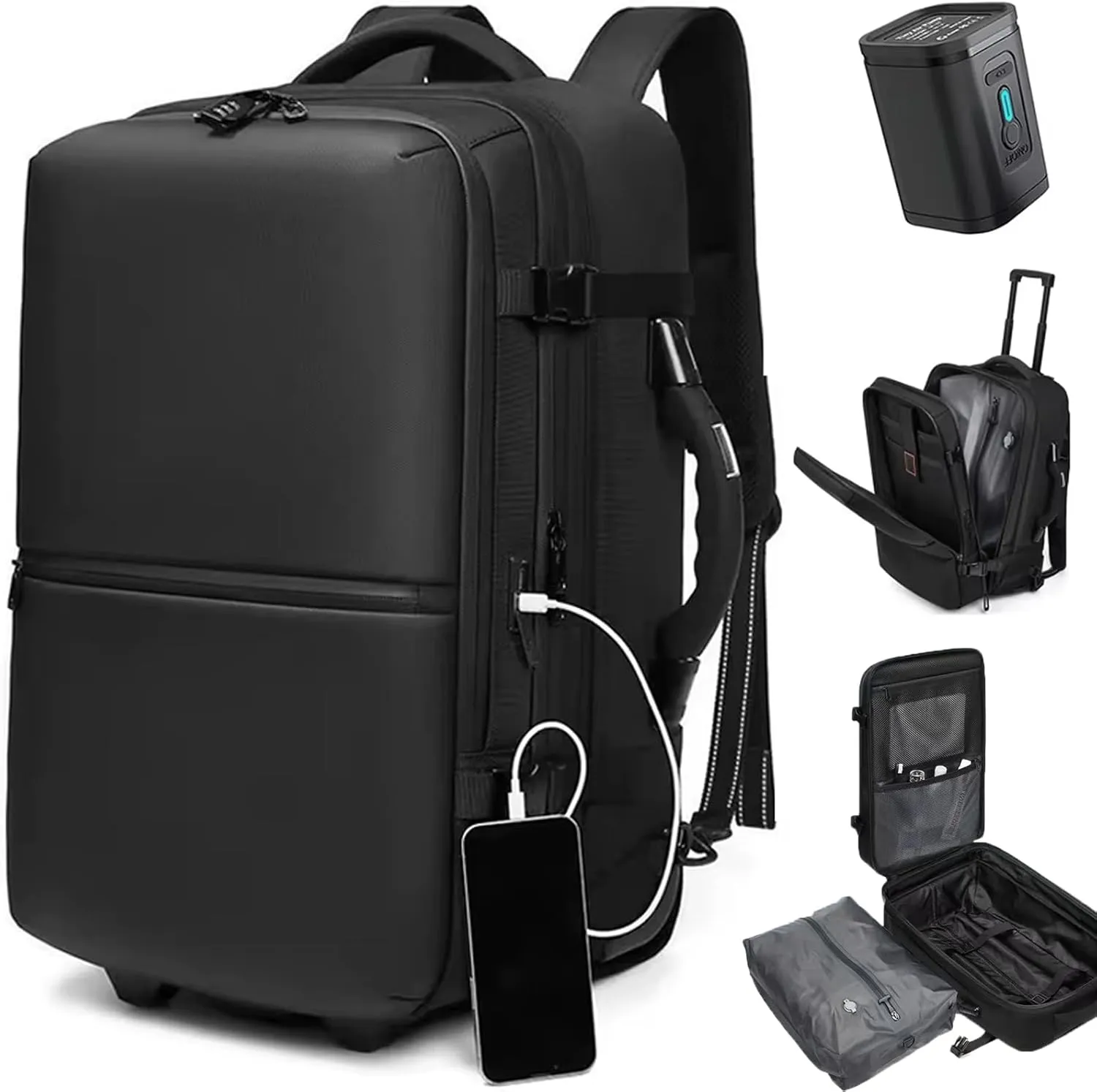60L Airback Vacuum Compression Backpack with Wheels Expandable Men Waterproof Carry On Travel Backpacks 17 inch Laptop Backpack Flight Approved(With Pump)
