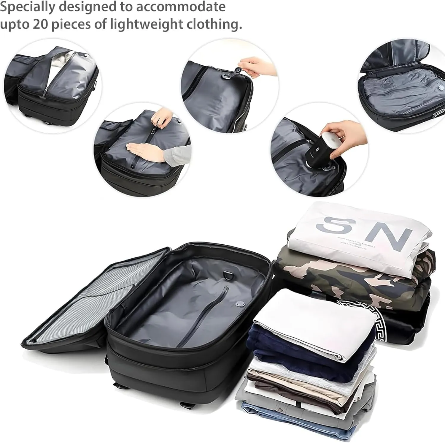 60L Airback Vacuum Compression Backpack with Wheels Expandable Men Waterproof Carry On Travel Backpacks 17 inch Laptop Backpack Flight Approved(With Pump)