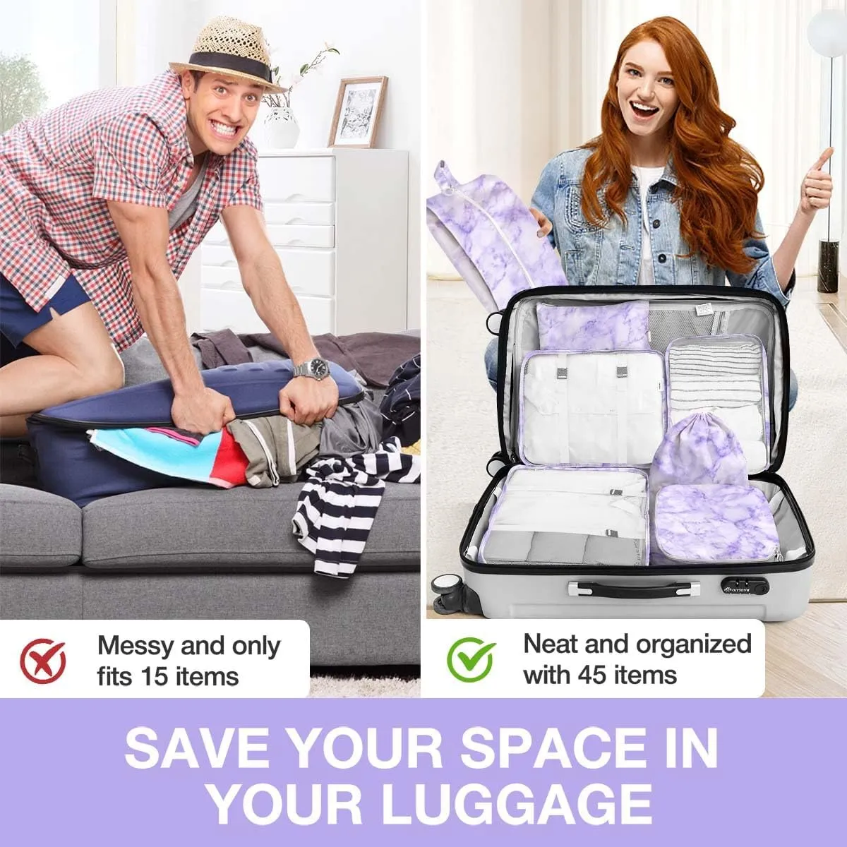 8 Set Packing Cubes for Suitcases,Packing Cubes with Shoe,Cosmetics,Clothing,Accessories Bags for Travel Luggage Organizer Women Men(Purple Marble)