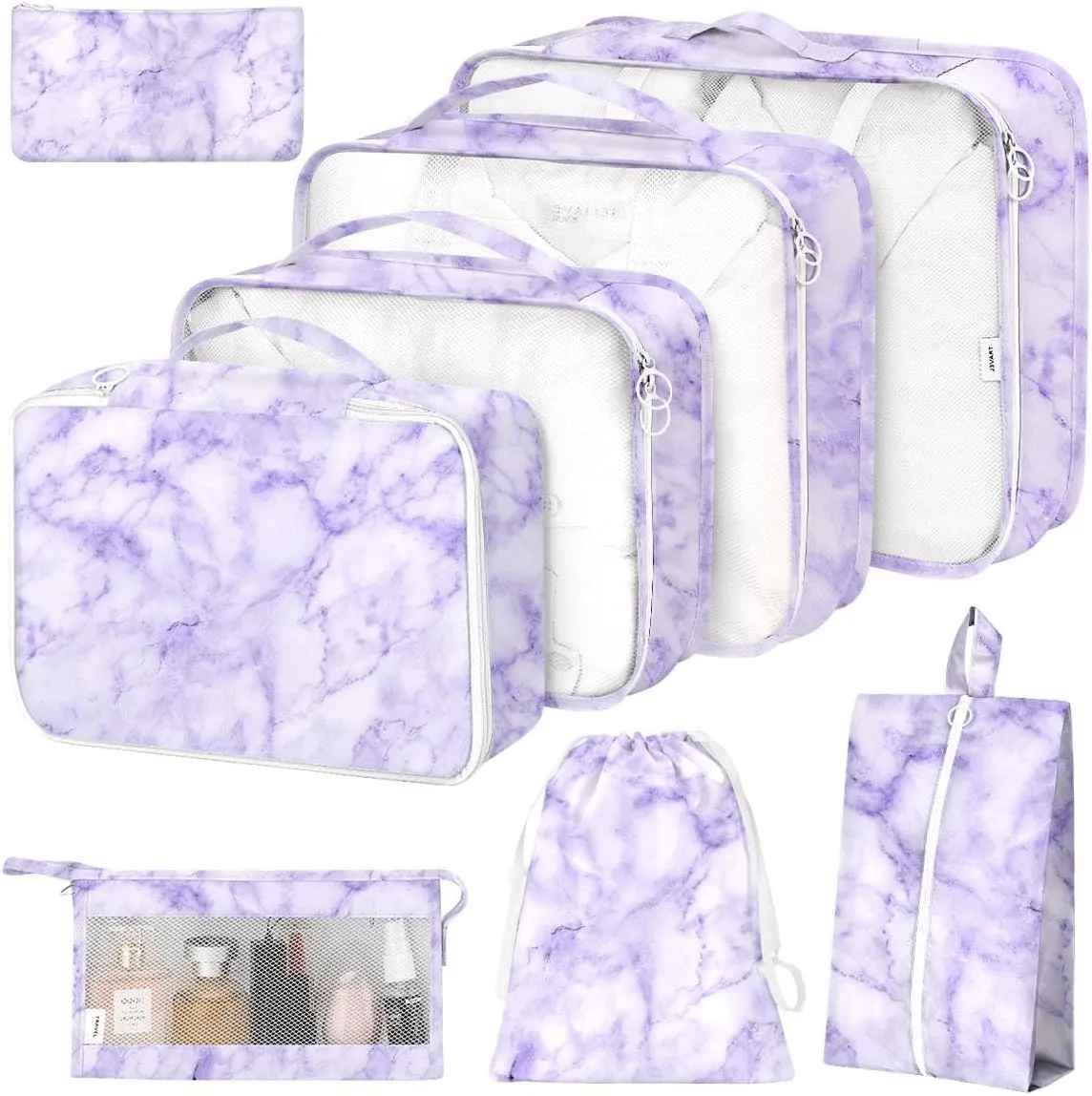 8 Set Packing Cubes for Suitcases,Packing Cubes with Shoe,Cosmetics,Clothing,Accessories Bags for Travel Luggage Organizer Women Men(Purple Marble)