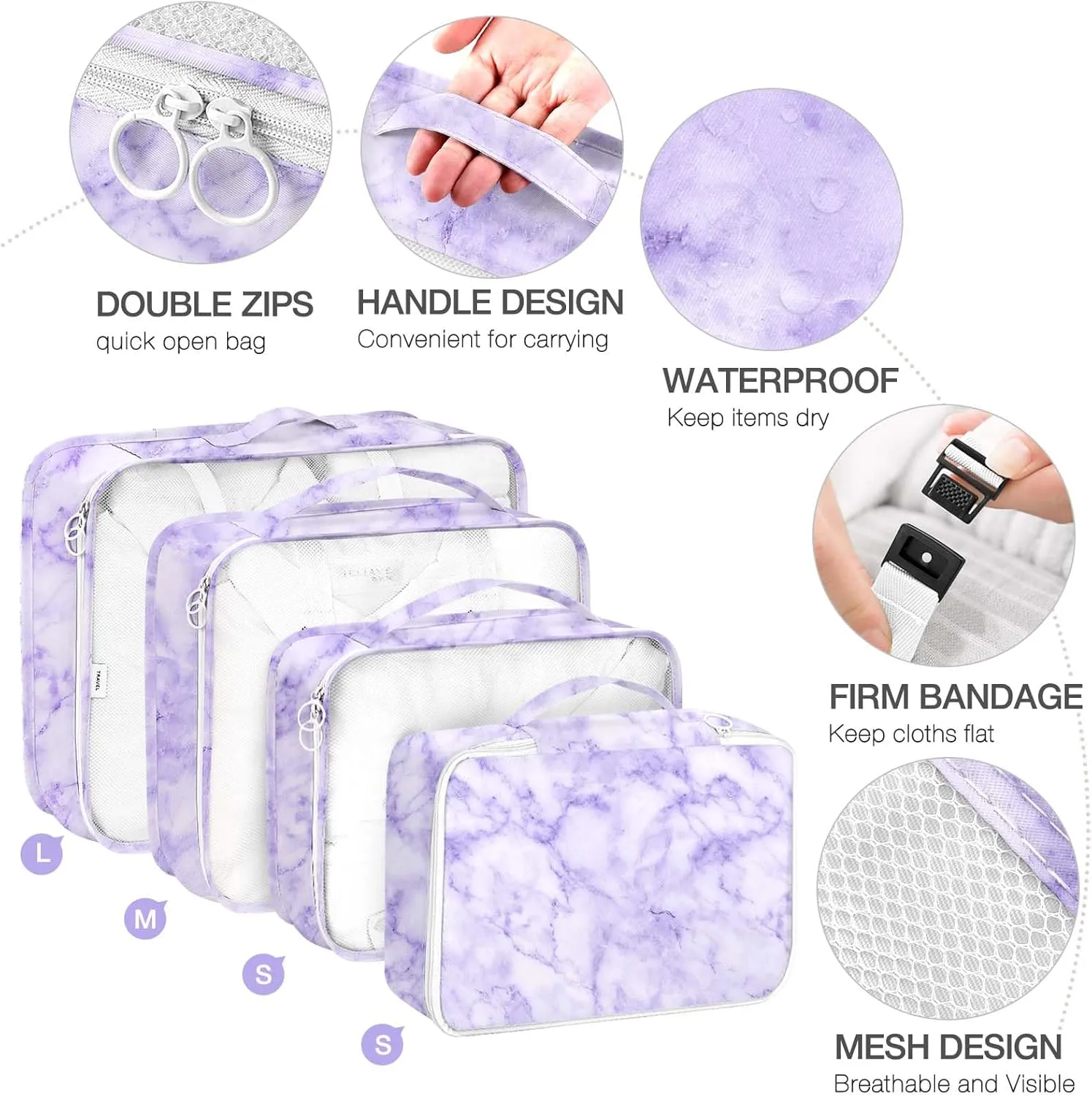 8 Set Packing Cubes for Suitcases,Packing Cubes with Shoe,Cosmetics,Clothing,Accessories Bags for Travel Luggage Organizer Women Men(Purple Marble)