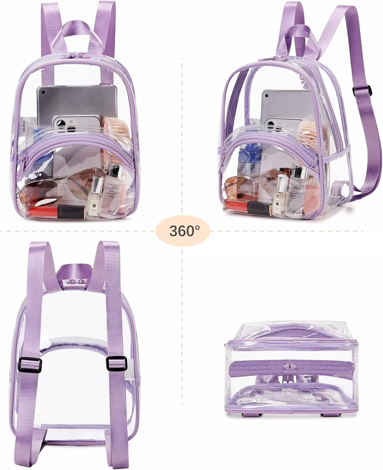 abshoo Clear Mini Backpack for Stadium Events Approved 12 x6 x12 See Through Bag Transparent Backpacks for Girls Women (Purple)