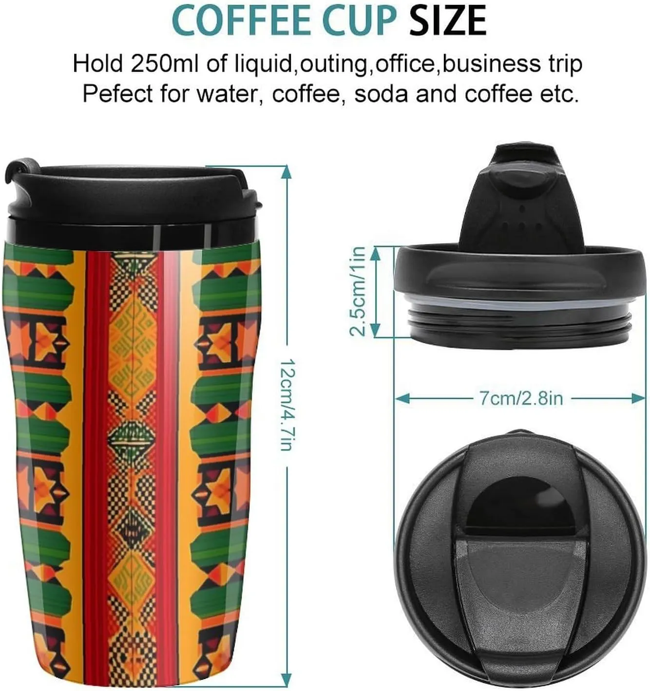 African Print Traditional Tribal Coffee Mug with Lid Portable Tumbler Water Bottle for Travel Business 250ml