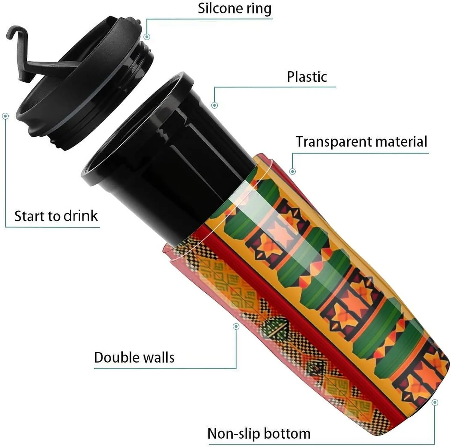 African Print Traditional Tribal Coffee Mug with Lid Portable Tumbler Water Bottle for Travel Business 350ml