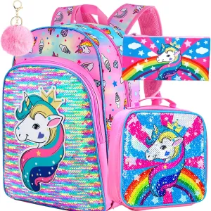 AGSDON 3PCS Backpacks for Kids, 16" Little Kid Preschool School Bookbag and Lunch Box - Unicorn/Mermaid/Flamingo/Dinosaur