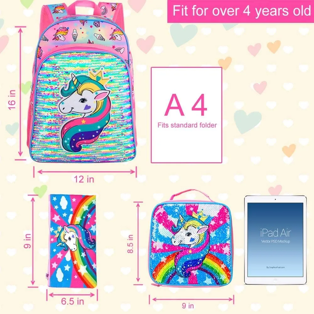 AGSDON 3PCS Backpacks for Kids, 16" Little Kid Preschool School Bookbag and Lunch Box - Unicorn/Mermaid/Flamingo/Dinosaur