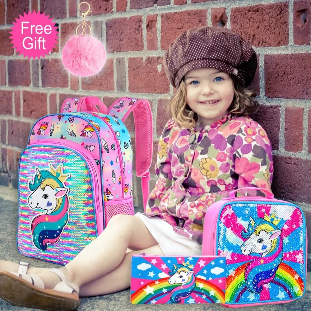 AGSDON 3PCS Backpacks for Kids, 16" Little Kid Preschool School Bookbag and Lunch Box - Unicorn/Mermaid/Flamingo/Dinosaur