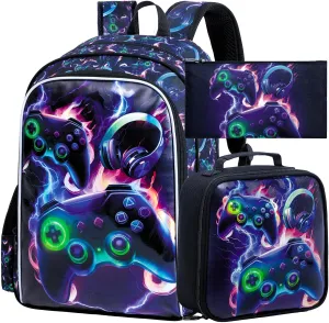 AGSDON 3PCS Game Backpack for Kids, 16" Boys Bookbag with Lunch Box, Water Resistant School Backpacks for Kindergarten Elementary