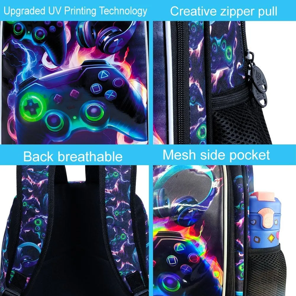 AGSDON 3PCS Game Backpack for Kids, 16" Boys Bookbag with Lunch Box, Water Resistant School Backpacks for Kindergarten Elementary
