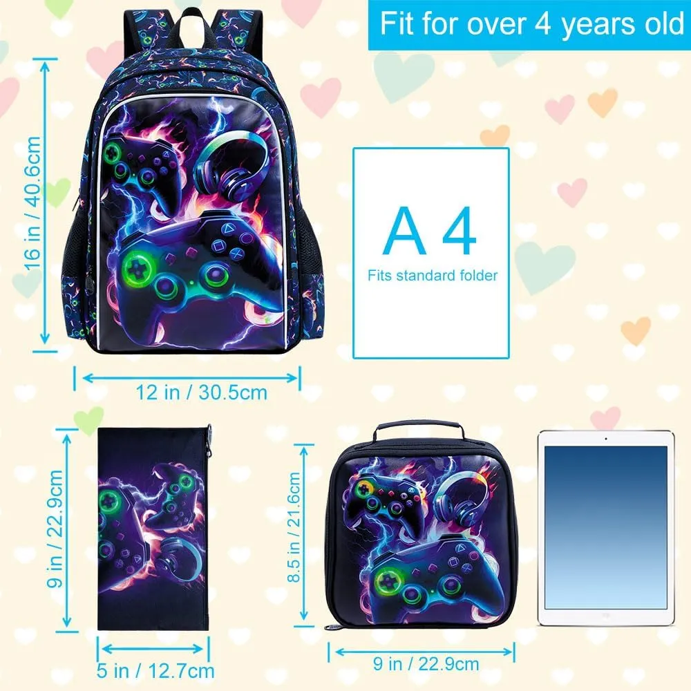 AGSDON 3PCS Game Backpack for Kids, 16" Boys Bookbag with Lunch Box, Water Resistant School Backpacks for Kindergarten Elementary