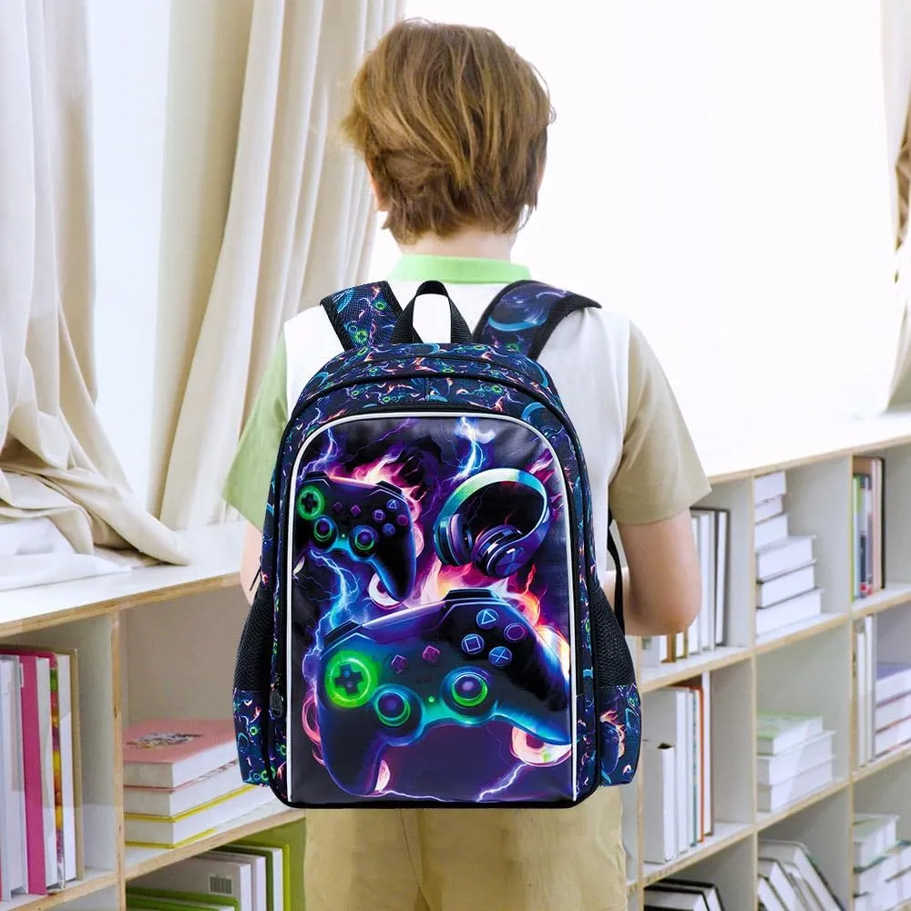 AGSDON 3PCS Game Backpack for Kids, 16" Boys Bookbag with Lunch Box, Water Resistant School Backpacks for Kindergarten Elementary