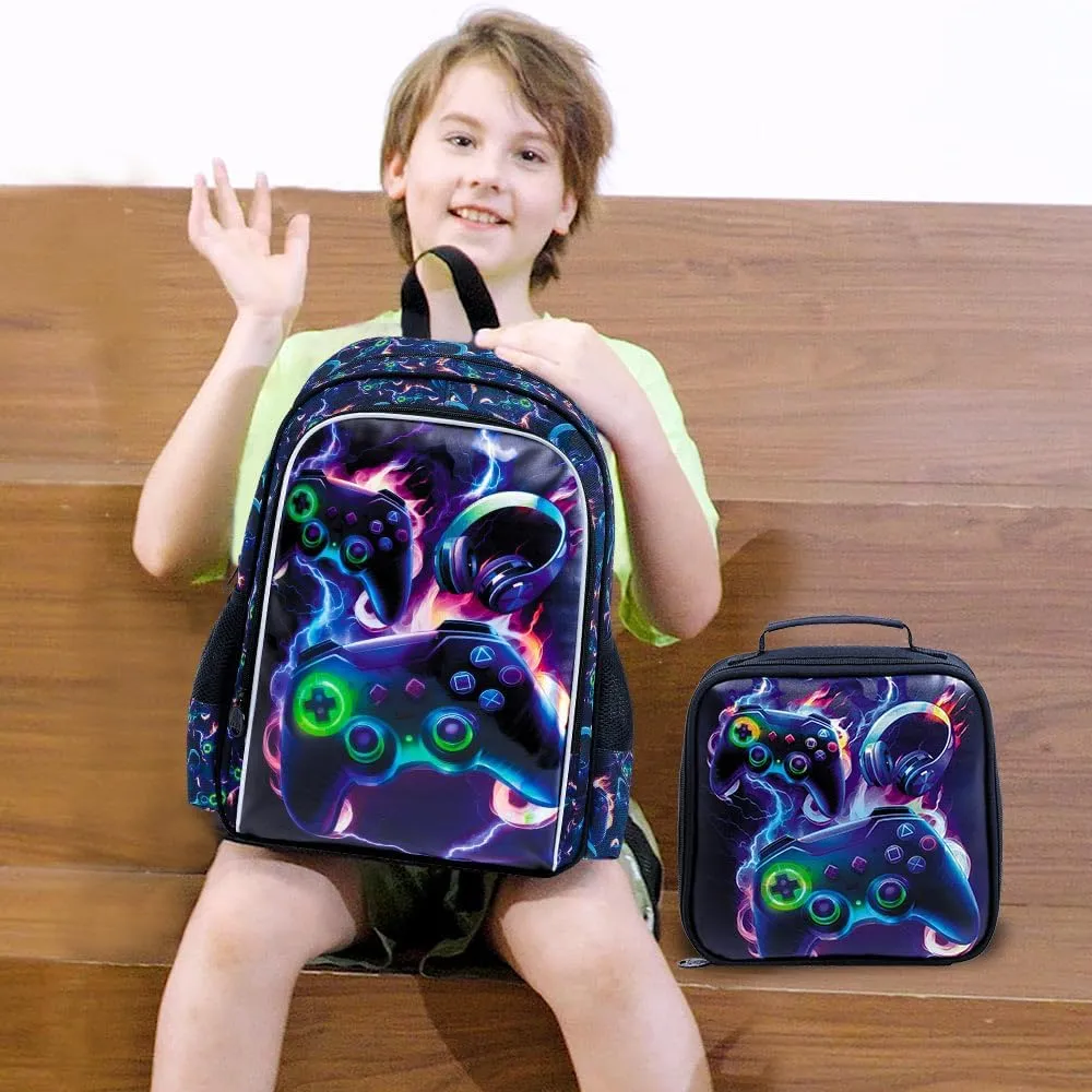 AGSDON 3PCS Game Backpack for Kids, 16" Boys Bookbag with Lunch Box, Water Resistant School Backpacks for Kindergarten Elementary