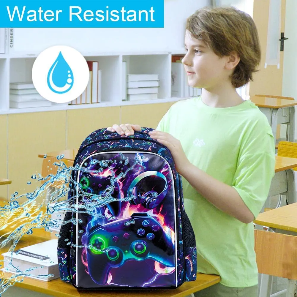 AGSDON 3PCS Game Backpack for Kids, 16" Boys Bookbag with Lunch Box, Water Resistant School Backpacks for Kindergarten Elementary