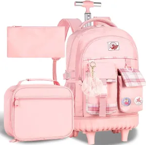 AGSDON Rolling Backpack for Girls, 21" Women Roller Wheels Bookbag, Laptop Wheeled Suitcase School Backpacks with Lunch Bag for Teens