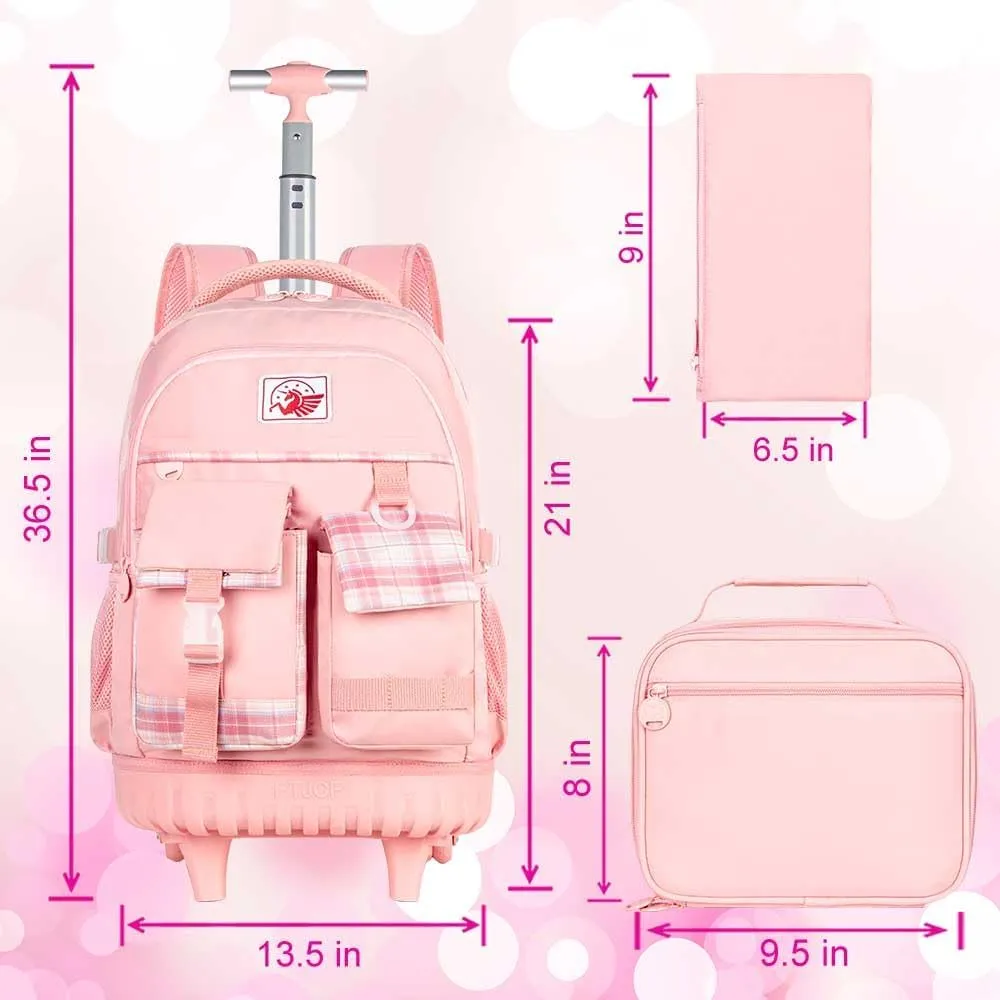 AGSDON Rolling Backpack for Girls, 21" Women Roller Wheels Bookbag, Laptop Wheeled Suitcase School Backpacks with Lunch Bag for Teens