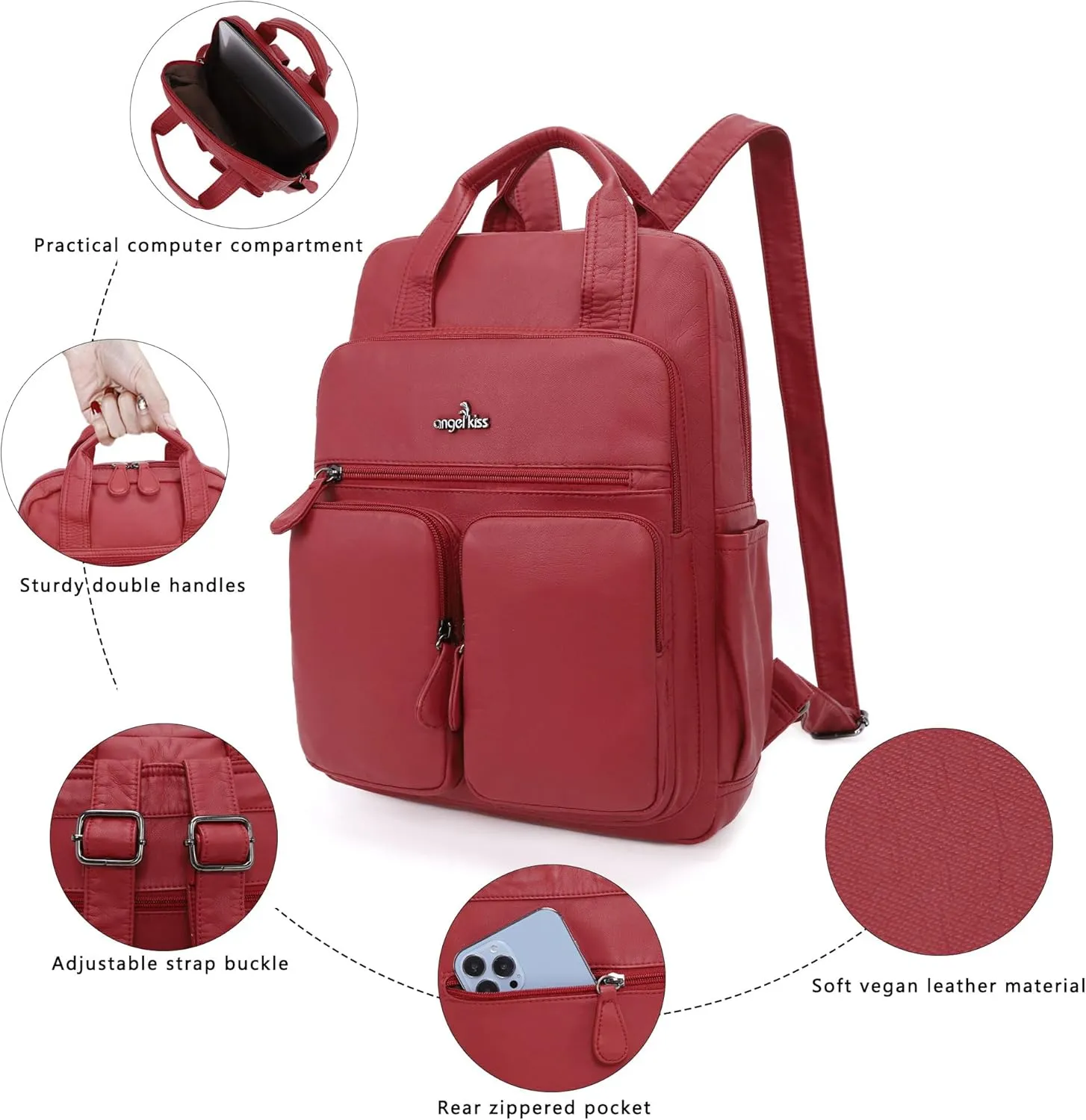 Angel Kiss Backpack Purse for Women Soft Washed Leather Multi Pocket Casual Travel Backpacks…