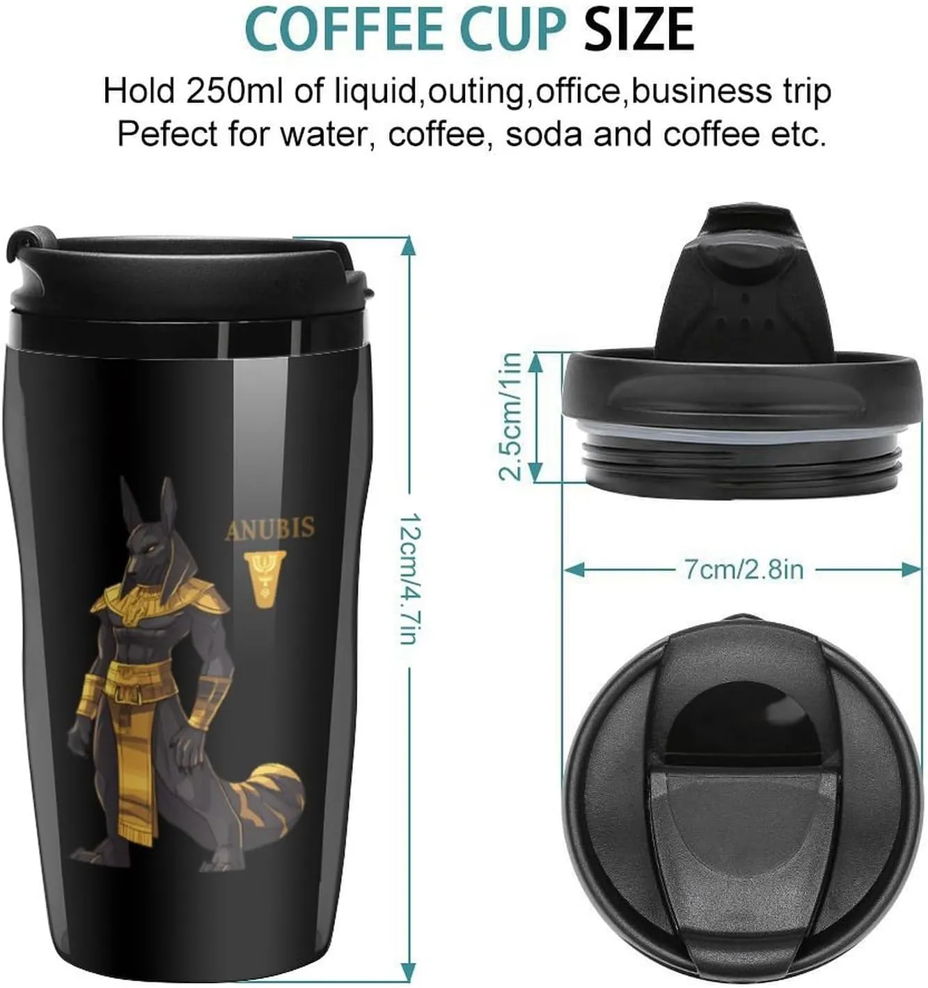Anubis Black And Gold Coffee Mug with Lid Portable Tumbler Water Bottle for Travel Business 250ml