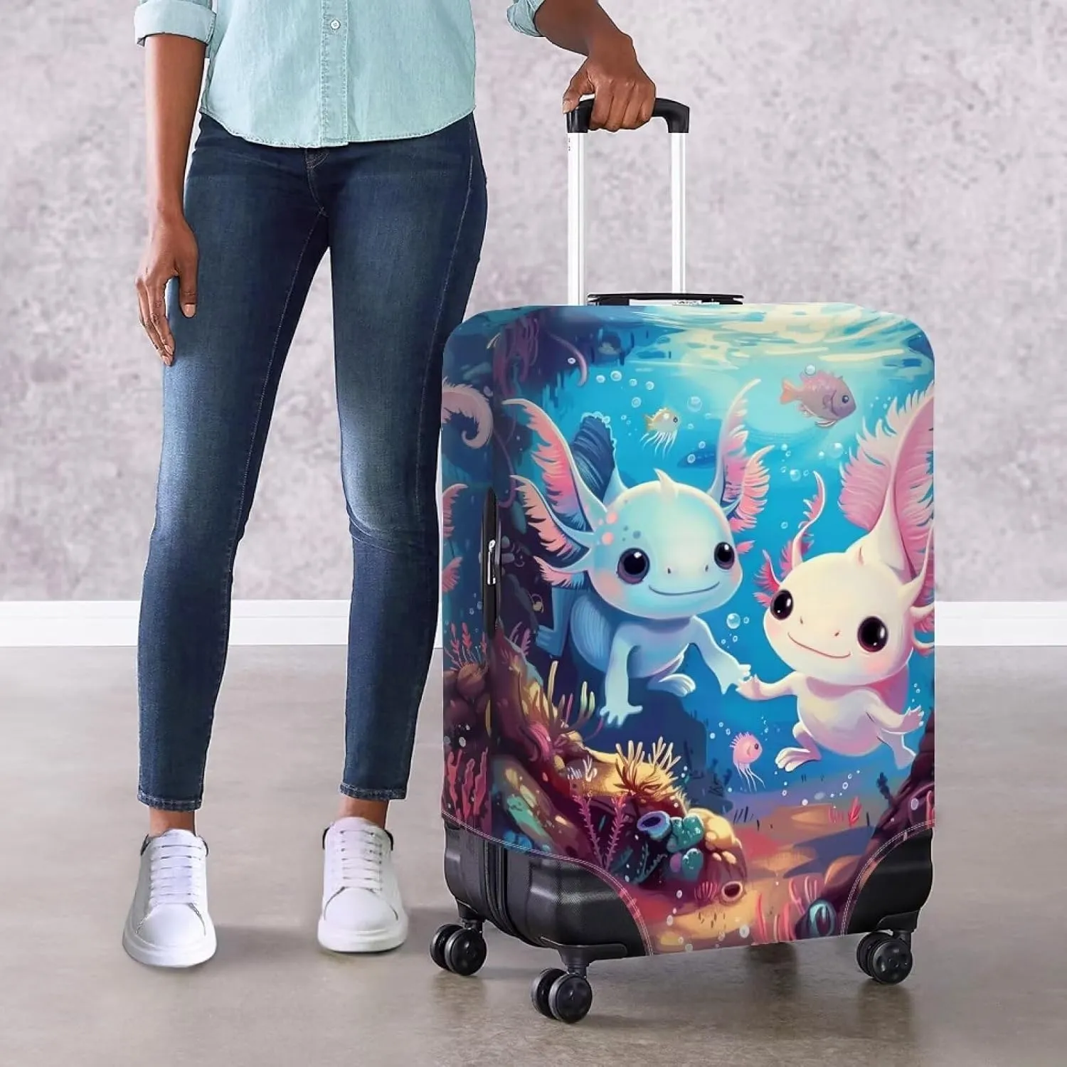 Axolotl Luggage Cover for Suitcase Cute Suitcase Cover for Luggage Fit 18-21 Inch Zip Non Slip Luggage Covers Protector Universal Women's Teens Travel Suitcase Covers Spandex Baggage Case