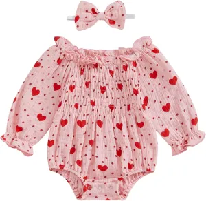Baby Girls Valentines Day Romper Heart Print Long Sleeve Jumpsuit Cute Headband Newborn Infant Valentine Outfit (Pink, 12-18 Months)