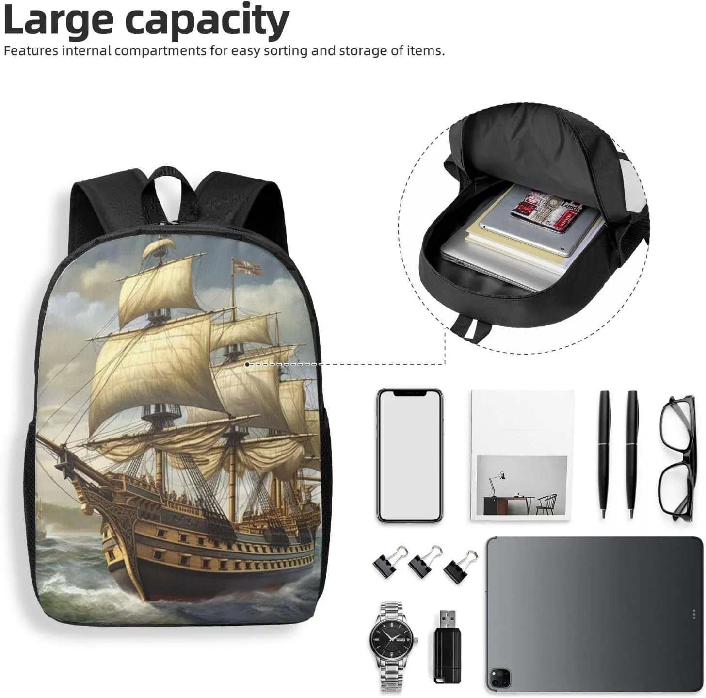 Backpack Travel Laptop Backpack for Men Women Age of Discovery Ship Computer Backpacks 17 inch Casual Daypack