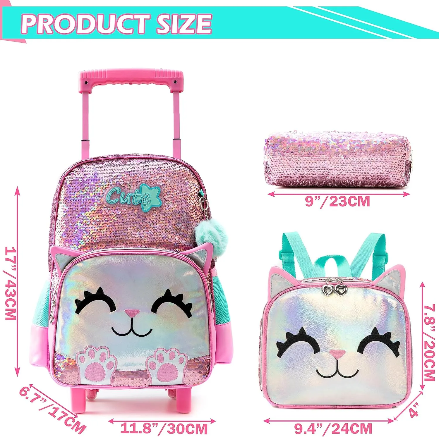 Backpack with Wheels Girls Backpack with Lunch Box Set Kids Suitcase for Girls Trolley Cute Cat Wheeled Luggage Backpack for Girls Kids School Rolling Backpack with Lunch Box