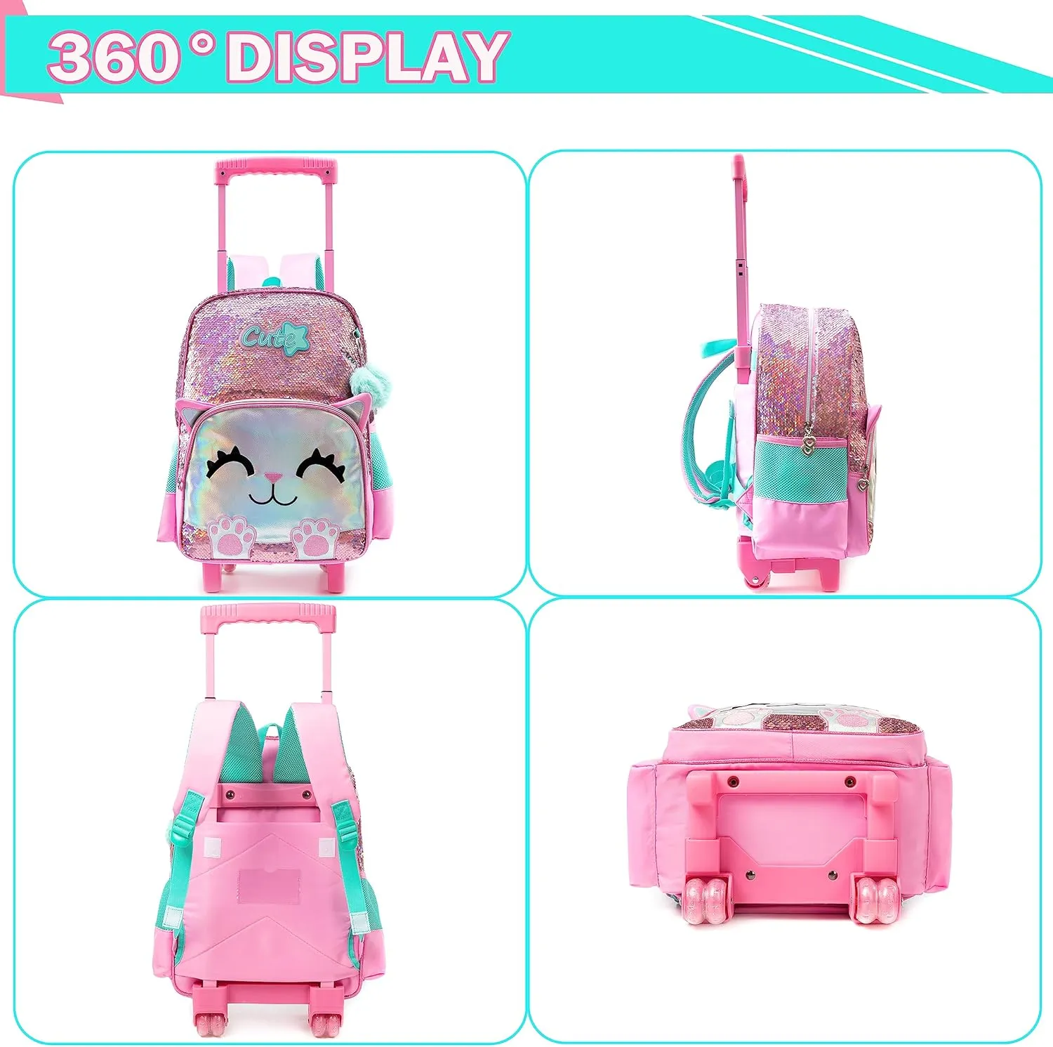 Backpack with Wheels Girls Backpack with Lunch Box Set Kids Suitcase for Girls Trolley Cute Cat Wheeled Luggage Backpack for Girls Kids School Rolling Backpack with Lunch Box