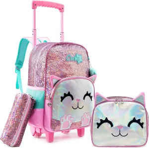 Backpack with Wheels Girls Backpack with Lunch Box Set Kids Suitcase for Girls Trolley Cute Cat Wheeled Luggage Backpack for Girls Kids School Rolling Backpack with Lunch Box