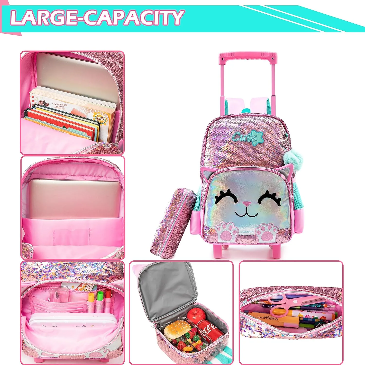 Backpack with Wheels Girls Backpack with Lunch Box Set Kids Suitcase for Girls Trolley Cute Cat Wheeled Luggage Backpack for Girls Kids School Rolling Backpack with Lunch Box