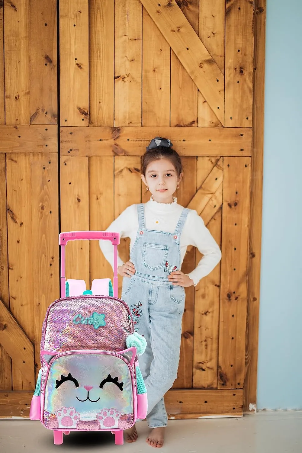 Backpack with Wheels Girls Backpack with Lunch Box Set Kids Suitcase for Girls Trolley Cute Cat Wheeled Luggage Backpack for Girls Kids School Rolling Backpack with Lunch Box
