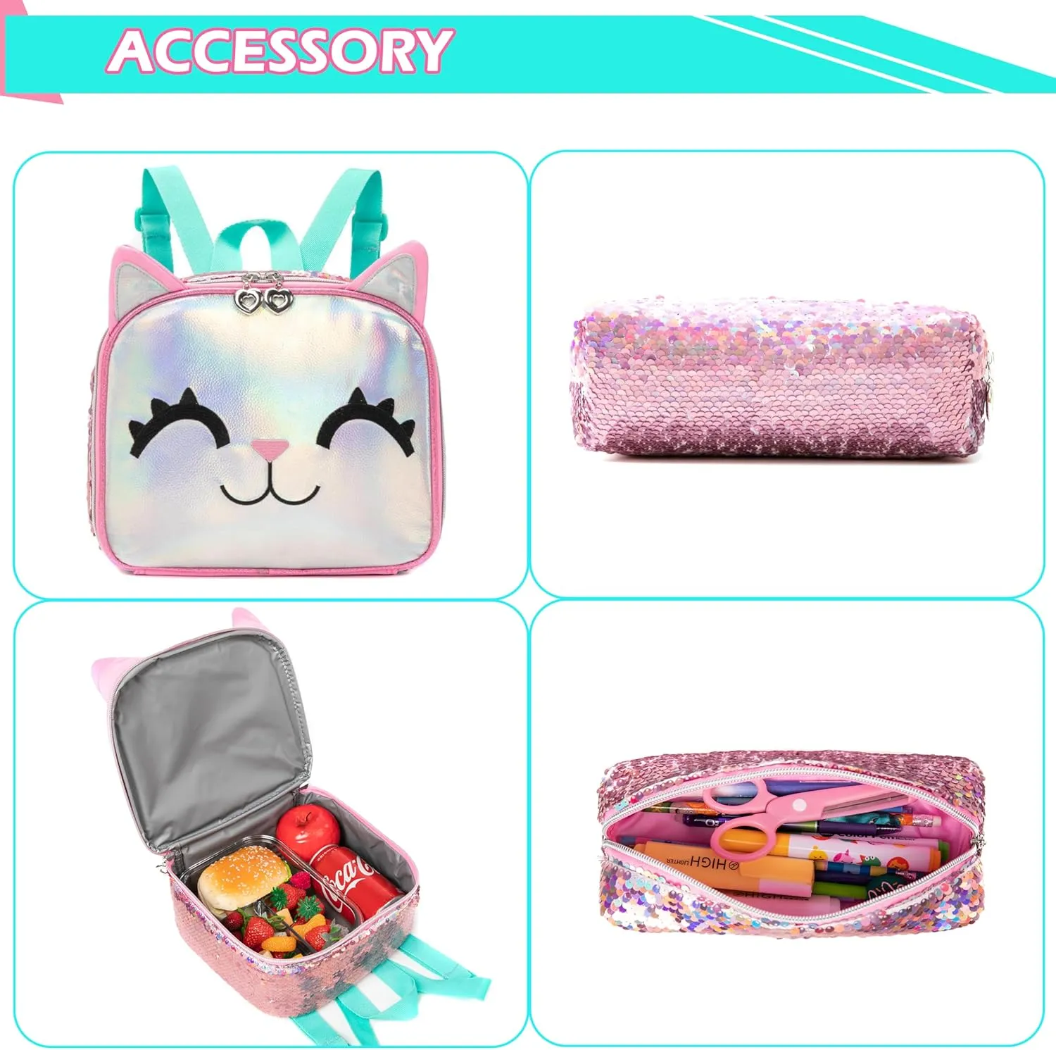 Backpack with Wheels Girls Backpack with Lunch Box Set Kids Suitcase for Girls Trolley Cute Cat Wheeled Luggage Backpack for Girls Kids School Rolling Backpack with Lunch Box