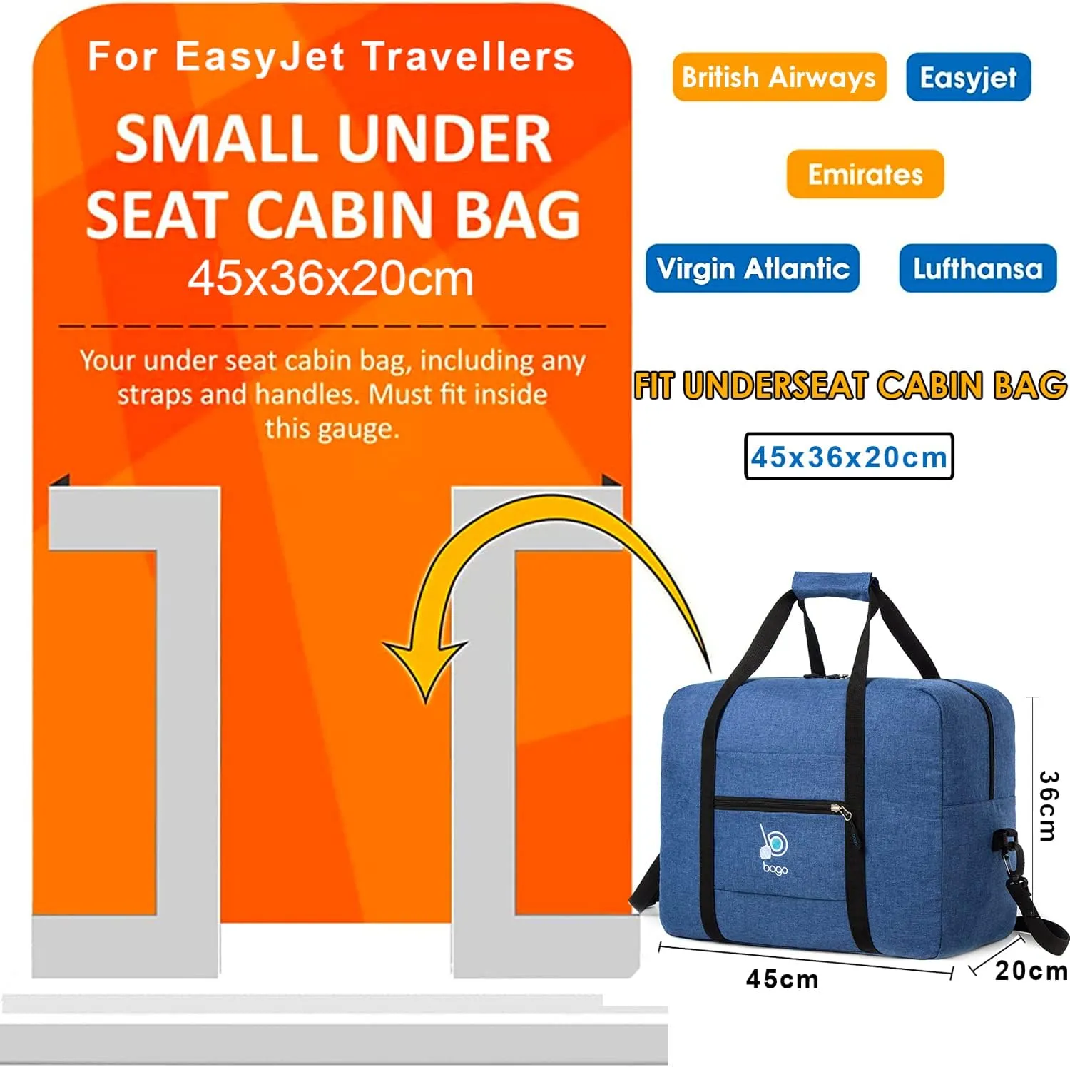 Bago Personal Item Travel Bag For Airlines - Fits As 18x14x8 inches Travel Bag Spirit & Frontier Airlines - Foldable Duffle Bag For Travel - Personal Item Bag Small Carry On Bag For Air Travel