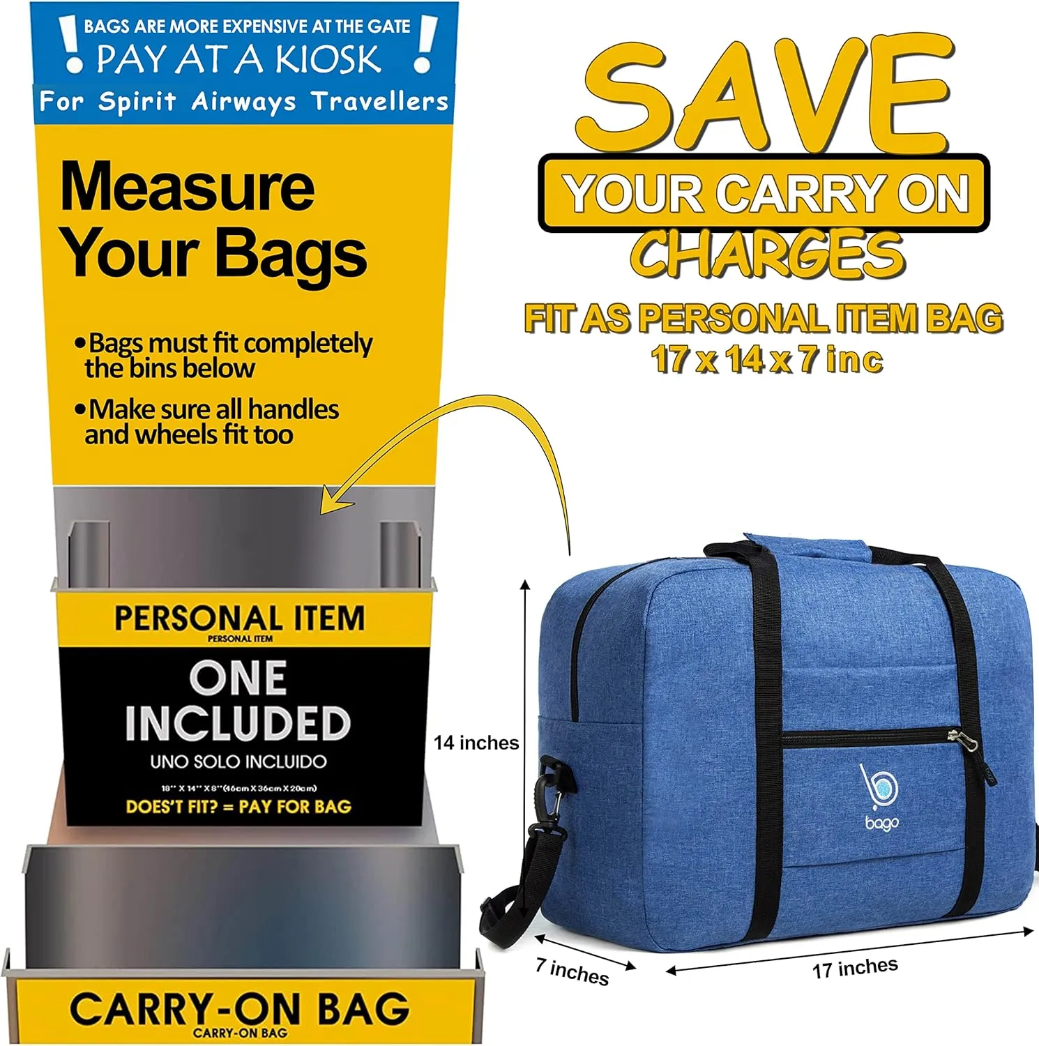 Bago Personal Item Travel Bag For Airlines - Fits As 18x14x8 inches Travel Bag Spirit & Frontier Airlines - Foldable Duffle Bag For Travel - Personal Item Bag Small Carry On Bag For Air Travel
