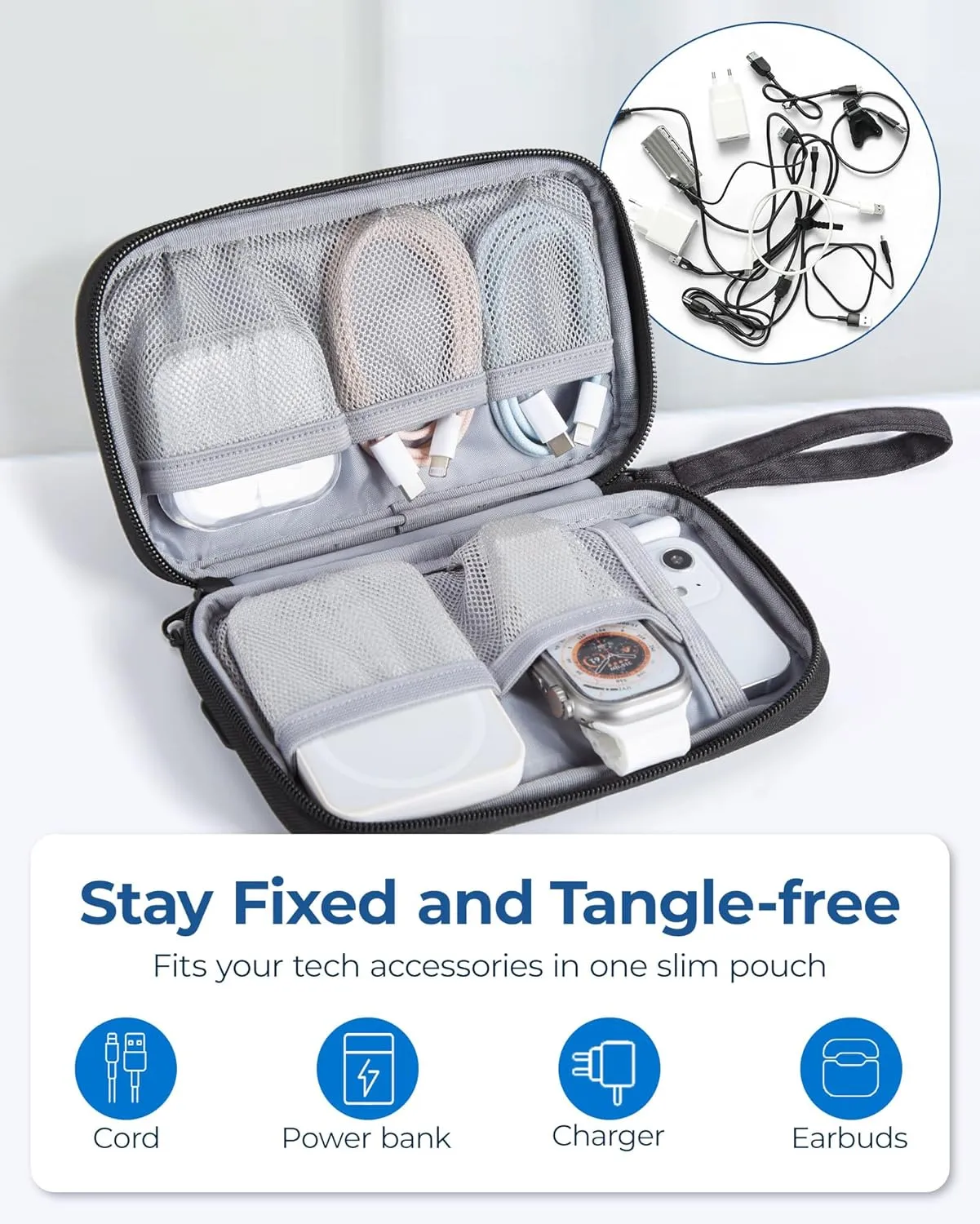 BAGSMART Small Travel Cable Organizer, Tech Organizer for Charger, Phone, Black