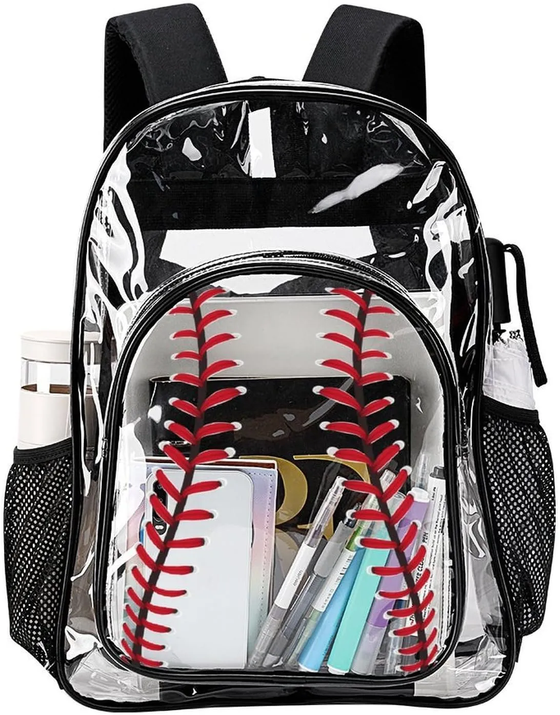 Baseball Clear Backpack Heavy Duty for Girls Kids Boys Women Men - PVC Baseball Printing Transparent Backpack for Schools Stadium Concerts Work - Clear/Black